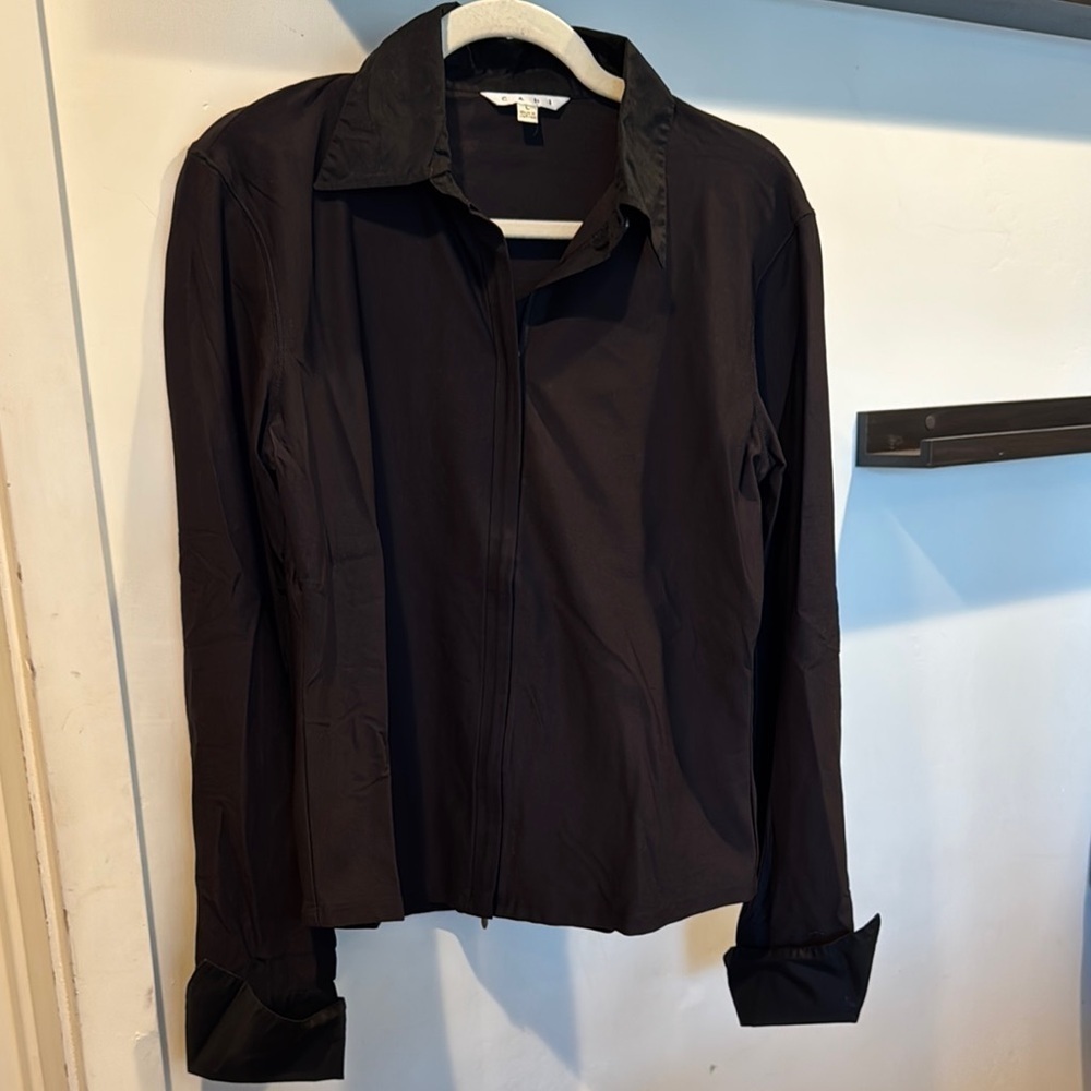 CAbi Black Blouse with Classic Tailored Look Zip Up Stretch